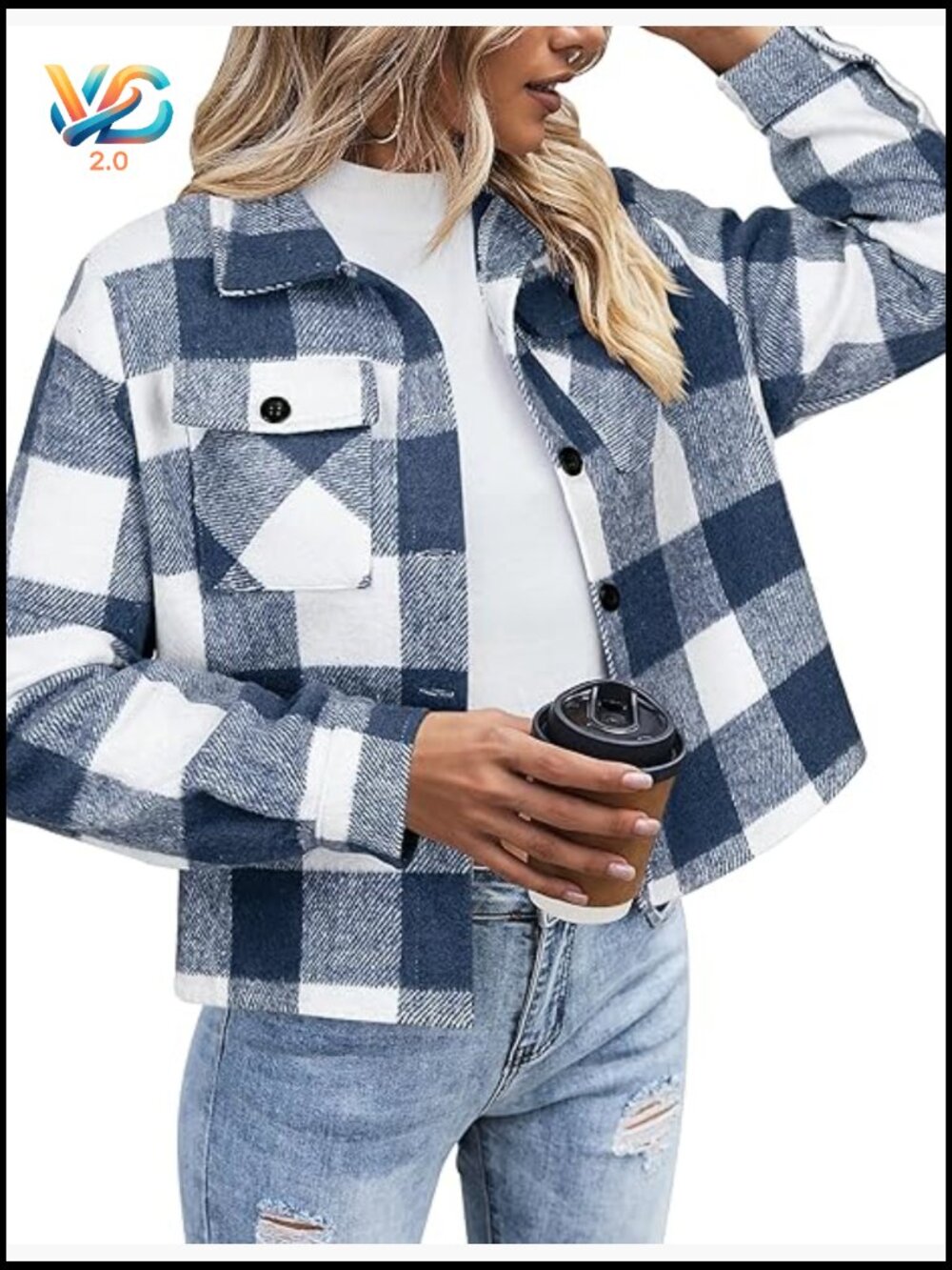 Cropped Plaid Flannel Shacket Jacket Button Down Tops